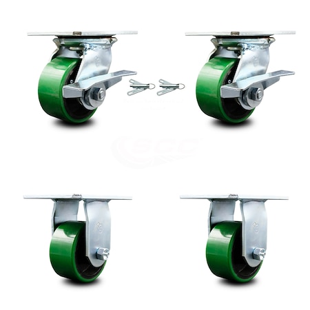 Service Caster 4 Inch Green Poly on Cast Iron Caster Brakes/Swivel Locks and 2 Rigid SCC, 2PK SCC-35S420-PUB-GB-SLB-BSL-2-R-2